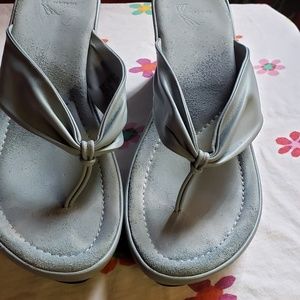 All leather bby blue wedges